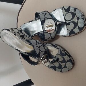Coach Sandals, Size 6.5, Black & Gray C Logo, Wedge Heel
